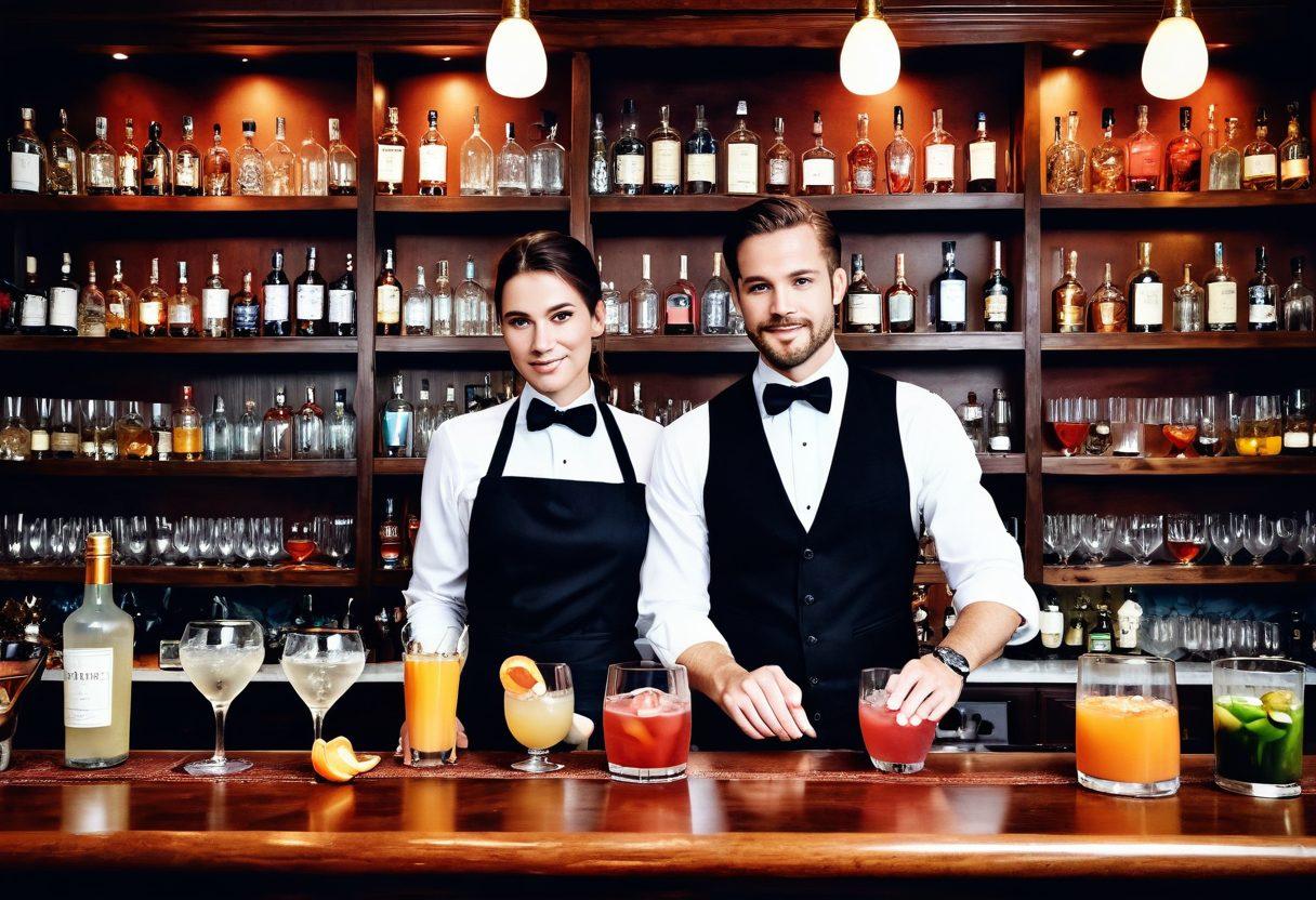 An elegant bar scene with a skilled mixologist in action, surrounded by a variety of colorful ingredients like fresh fruits, herbs, and spirits. Soft lighting sets a romantic atmosphere, with two beautifully crafted signature cocktails on the bar, garnished with whimsical decorations. The background features shelves lined with bottles and intricate glassware, hinting at a world of flavor. Emphasize a cozy yet sophisticated vibe, perfect for romantic evenings. super-realistic. warm tones. soft focus.