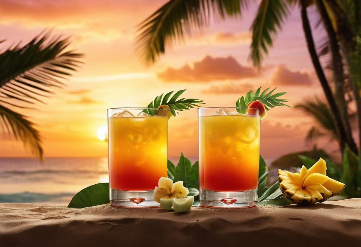 A beautifully arranged tropical cocktail scene showcasing vibrant drinks made with banana liqueur and brandy. Include lush palm leaves, brightly colored fruit garnishes, and a romantic sunset backdrop over a beach. Make the cocktails sparkly and inviting, with a hint of ice condensation for freshness. super-realistic. vibrant colors.