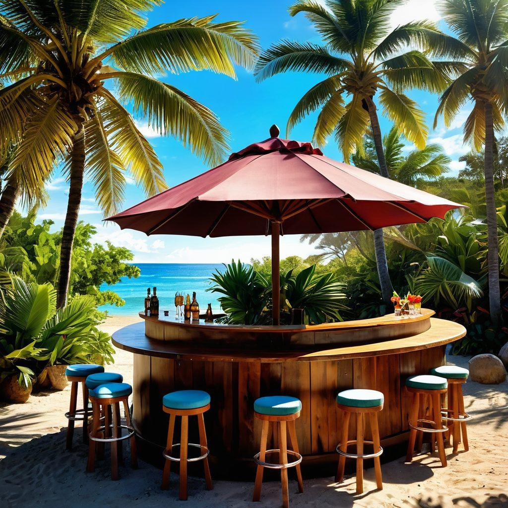 A vibrant tropical beach setting with a wooden bar adorned with exotic fruits and colorful cocktails, showcasing gourmet drinks with artisan spirits, surrounded by lush greenery and palm trees. Sunlight glints off the drinks, accentuating the textures of the garnishes, while a few friends laugh and enjoy their happy hour in the background. The atmosphere is lively yet relaxing, evoking a sense of joy and indulgence. super-realistic. vibrant colors. soft focus.